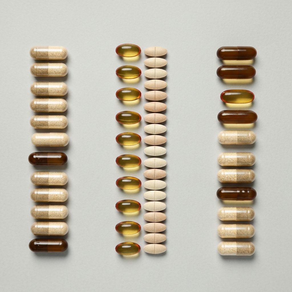 Different sized supplement capsules arranged on a surface
