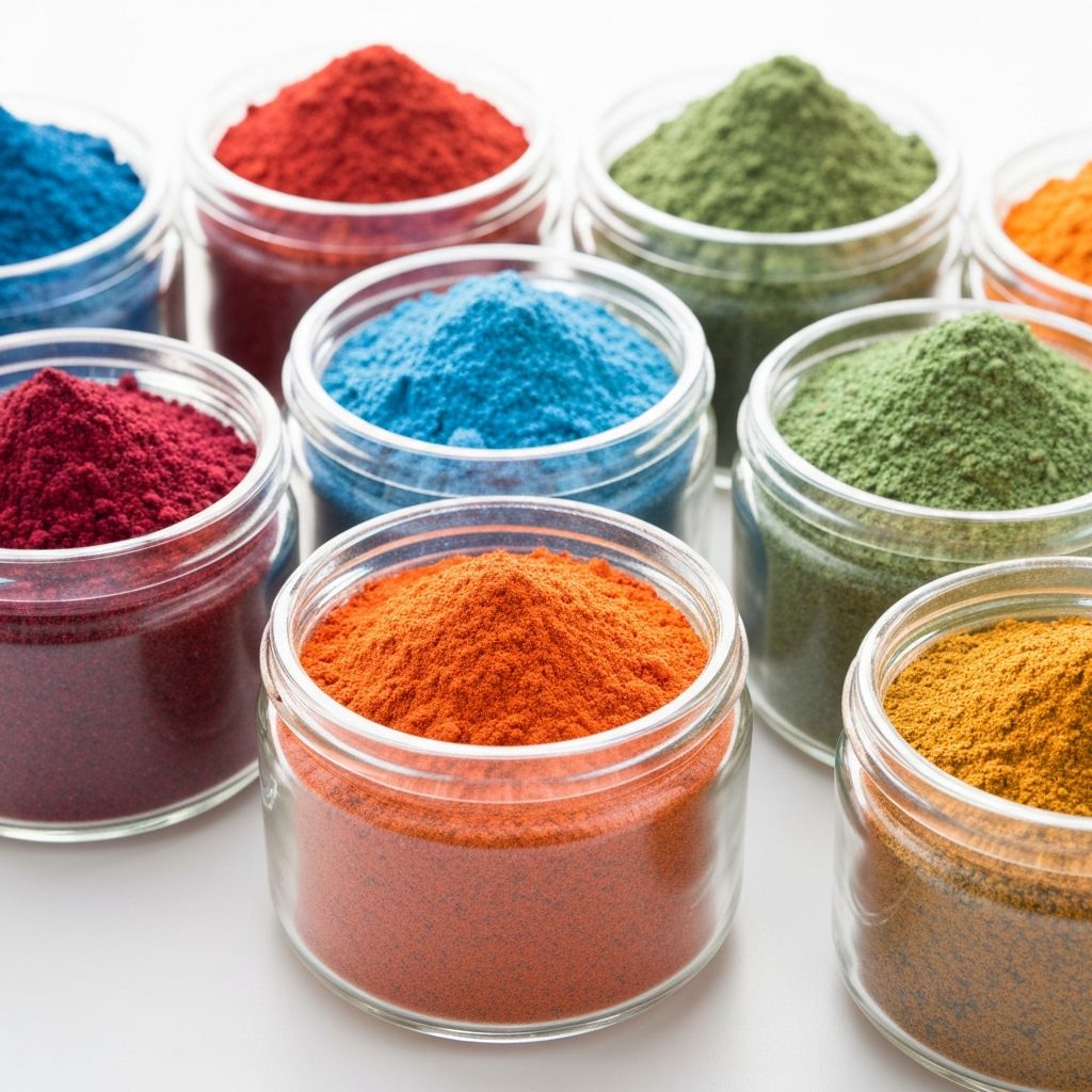 Various colored supplement powders in glass containers